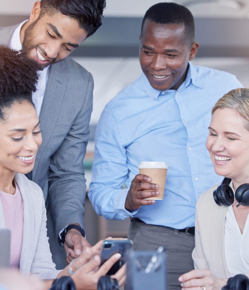Business people, phone and meeting for teamwork, collaboration and marketing or website design plan.